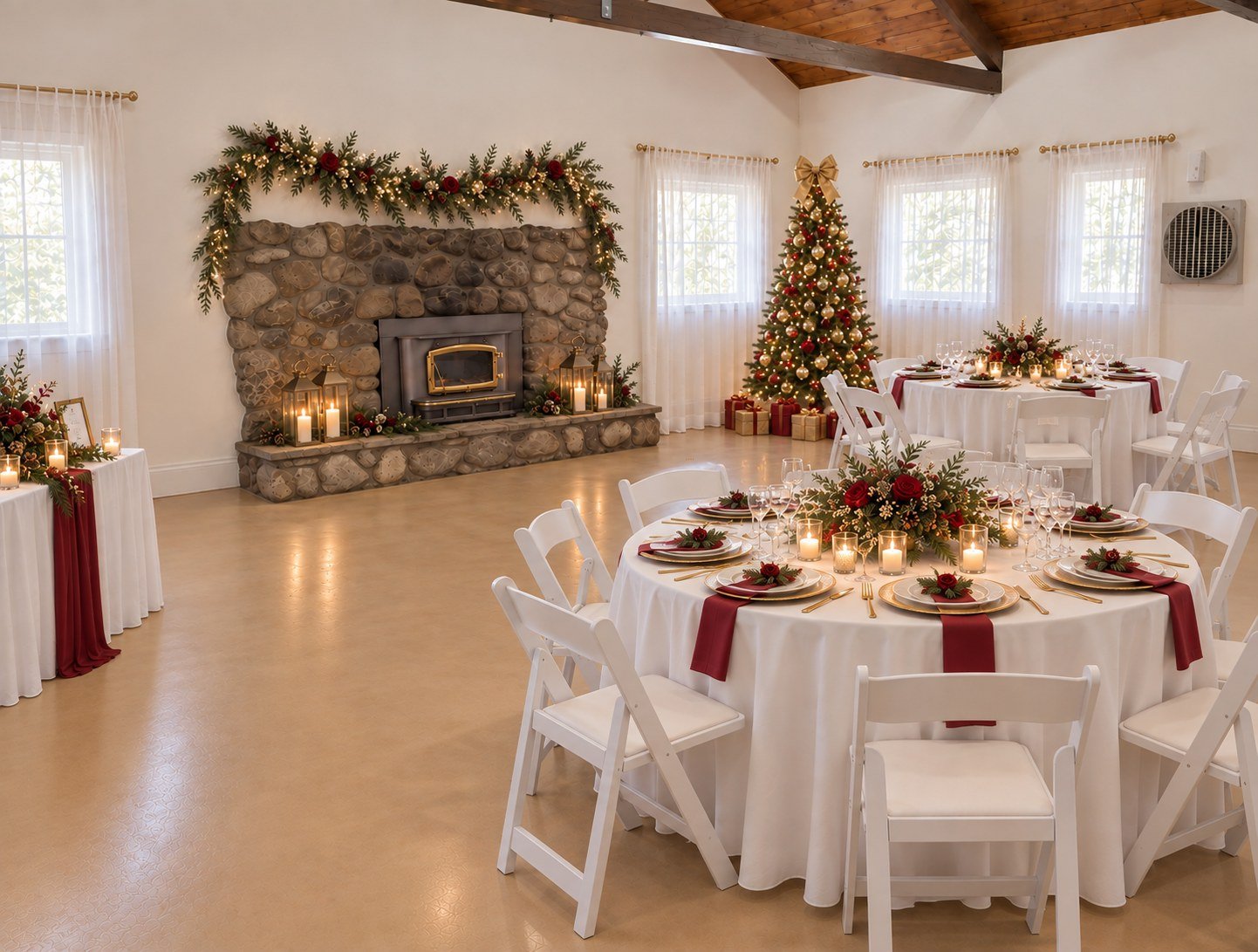 Holiday party setup inspiration with festive tables and a Christmas tree