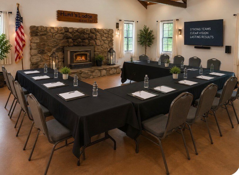 Meeting setup inspiration with tables arranged around the lodge fireplace