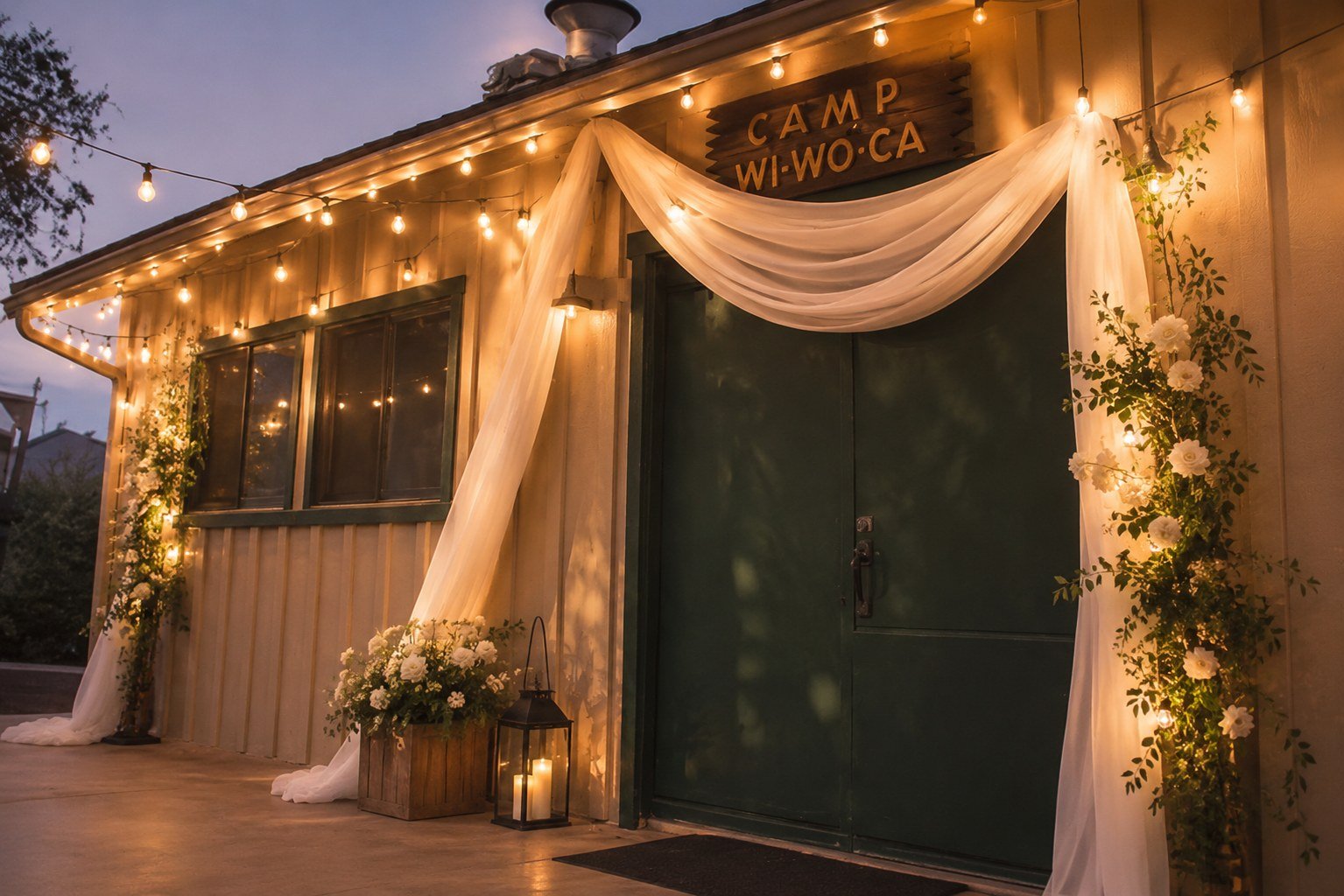 Evening entrance styling inspiration with flowers, draping, and string lights